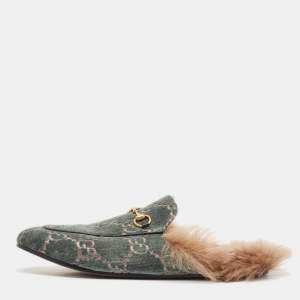 Gucci Green/Beige Fur and Velvet Princetown Mules Size 42