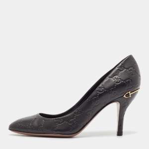Pre Owned Gucci Black Guccissima Leather Horse-Bit Heel Round Toe Pumps Size 37.5