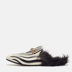 Gucci White/Black Leather and Fur Princetown Zebra Stripe Flat Mules Size 38