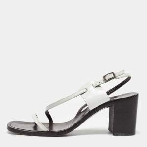 Pre Owned Gucci White Leather Strappy Block Heel Slingback Sandals Size 37.5