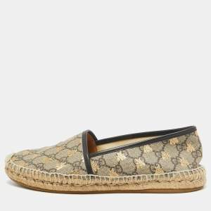 Pre Owned Gucci Brown/Beige GG Supreme Canvas Printed Bee Espadrille Flats Size 39