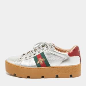 Gucci Silver Leather Bee Embroidered Ace Platform Sneakers Size 38