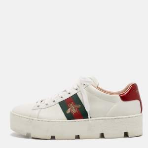 Gucci White Leather Bee Embroidered Ace Platform Sneakers Size 37.5