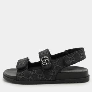 Gucci Black GG Denim and Leather Double G Flat Sandals Size 39