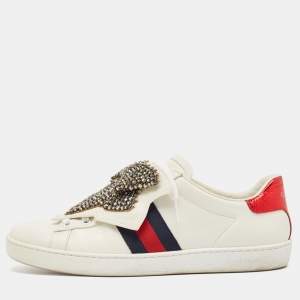 Gucci White Leather Ace  Bow Patch Sneakers Size 38.5