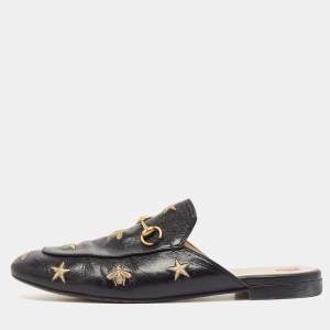 Gucci Black Leather  Bee And Star Embroidered Princetown Mules Size 41