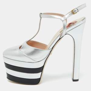 Gucci Silver Leather Angel T-Strap Platform Sandals Size 37