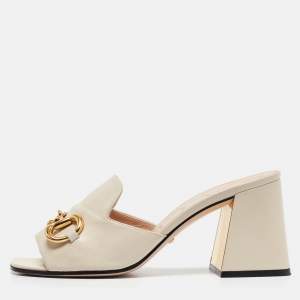 Gucci Cream Leather Horsebit Slide Sandals Size 38