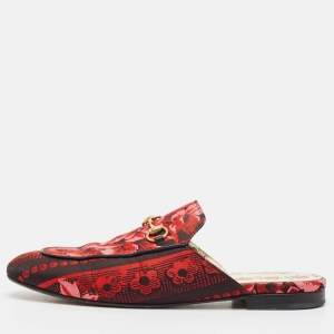 Pre Owned Gucci Red Floral Jacquard Princetown Flat Mules Size 41