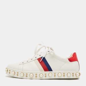 Gucci White Leather Studded and Pearl Embellished Ace Sneakers Size 40