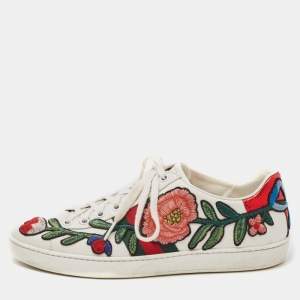 Gucci White Leather Floral Embroidered Ace Low Top Sneakers Size 38.5