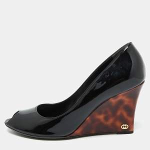 Gucci Black Patent Leather Interlocking G Peep Toe Wedge Pumps Size 40