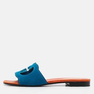 Pre Owned Gucci Blue Suede Interlocking G Flat Slides Size 37