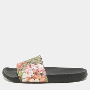 Pre Owned Gucci Beige/Brown GG Supreme Canvas Blooms Print Pool Slides Size 42