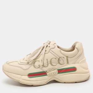 Gucci Cream Leather Rhyton Vintage Gucci Logo Sneakers Size 36.5