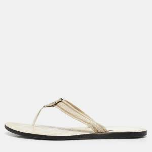 Gucci White Canvas and Leather GG Thong Flat Slides Size 40