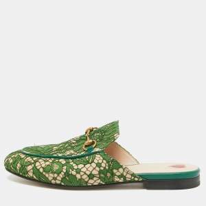 Gucci Green/Beige Mesh and Lace  Princetown Mules Size 39