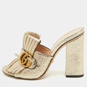 Gucci Gold Crackle Leather Fringe GG Marmont Block Heel Mules Size 38