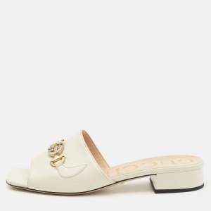 Pre Owned Gucci Off White Leather Zumi Logo Slide Sandals Size 39