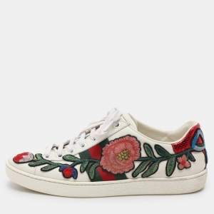 Gucci White Leather Ace Floral-Embroidered Web Low Top Sneakers Size 36