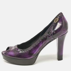 Pre Owned Gucci Purple/Black Leather Brogue Peep Toe Platform Pumps Size 37.5