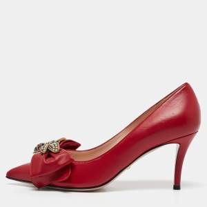 Gucci Red Leather Queen Margaret Bee Bow Pointed Toe Pumps Size 38