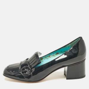 Gucci Black Patent Leather Fringe Marmont GG Loafer Pumps Size 37.5