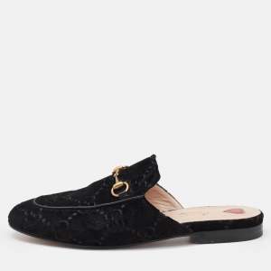 Pre Owned Gucci Black GG Velvet Princetown Horsebit Flat Mules Size 39