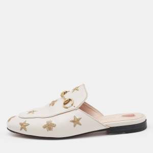 Gucci Cream Leather Bee and Star Embroidered Princetown Mules Size 36