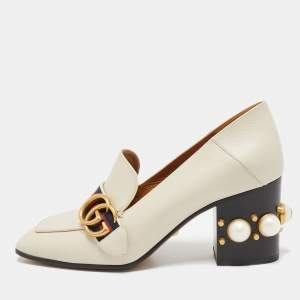 Gucci Cream Leather Peyton GG Sylvie Pearl Studded Loafer Pumps Size 37.5