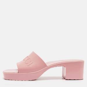 Gucci Pink Rubber Logo Embossed Platform Slide Sandals Size 38