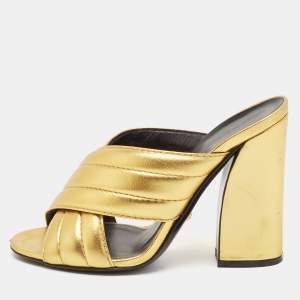 Gucci Metallic Gold Leather Webby Slide Sandals Size 36.5