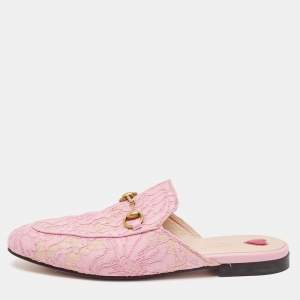 Gucci Pink Lace and Mesh Princetown Flat Mules Size 38