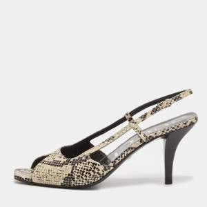 Gucci Black/Cream Snakeskin Embossed Leather Slingback Sandals Size 37