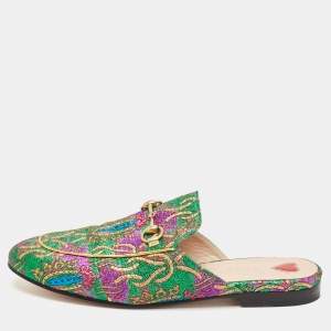 Gucci Green Brocade Fabric Horsebit Princetown Flat Mules Size 37.5