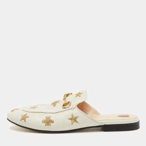 Gucci White Leather Bee and Star Embroidered Princetown Flat Mules Size 38
