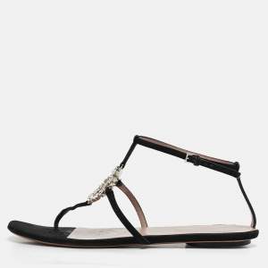 Gucci Black Suede Crystal Embellished Flat Sandals Size 39