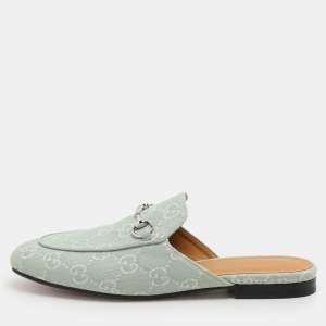 Gucci Green GG Denim Princetown Mules Size 38.5