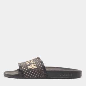 Gucci Black/Gold Coated Canvas and Leather Star Guccy Pool Slides Size 39
