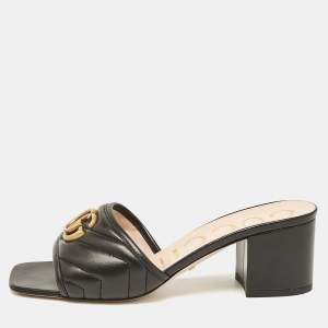 Gucci Black Leather GG Marmont Slide Sandals Size 38