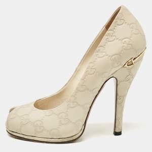 Pre Owned Gucci Cream Guccissima Leather Peep Toe Pumps Size 36.5