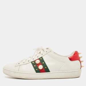 Gucci White Leather Faux Pearl and Spikes Embellished Ace Low Top Sneakers Size 36.5