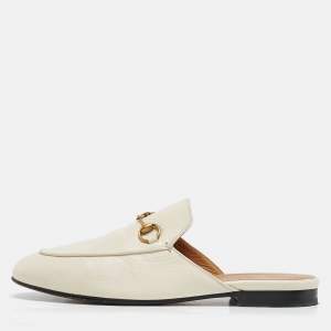 Gucci White Leather Princetown Horsebit Mule Sandals Size 38.5