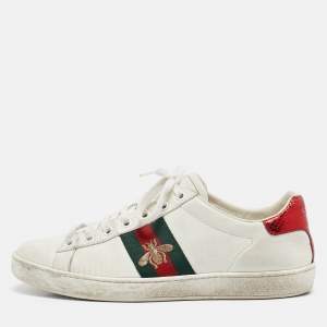 Gucci White Leather and Sneak Embossed Leather Ace Low Top Sneakers Size 38