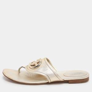 Gucci Metallic Gold Leather GG Interlocking Thong Slipper Size 38