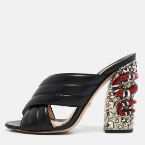 Gucci Black Quilted Leather Snake Embellished Slide Sandals Size 39