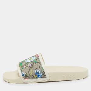 Gucci Cream/Brown GG Supreme Canvas Blooms Flat Slides Size 38