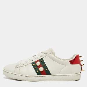 Gucci White Leather Faux Pearl and Spikes Embellished Ace Low Top Sneakers Size 38