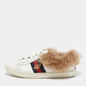 Gucci White Leather and Fur Embroidered Bee Ace Sneakers Size 38