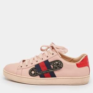 Gucci Pink Leather Crystal Embellished 'Safety Pin' Ace Low Top Sneakers Size 35